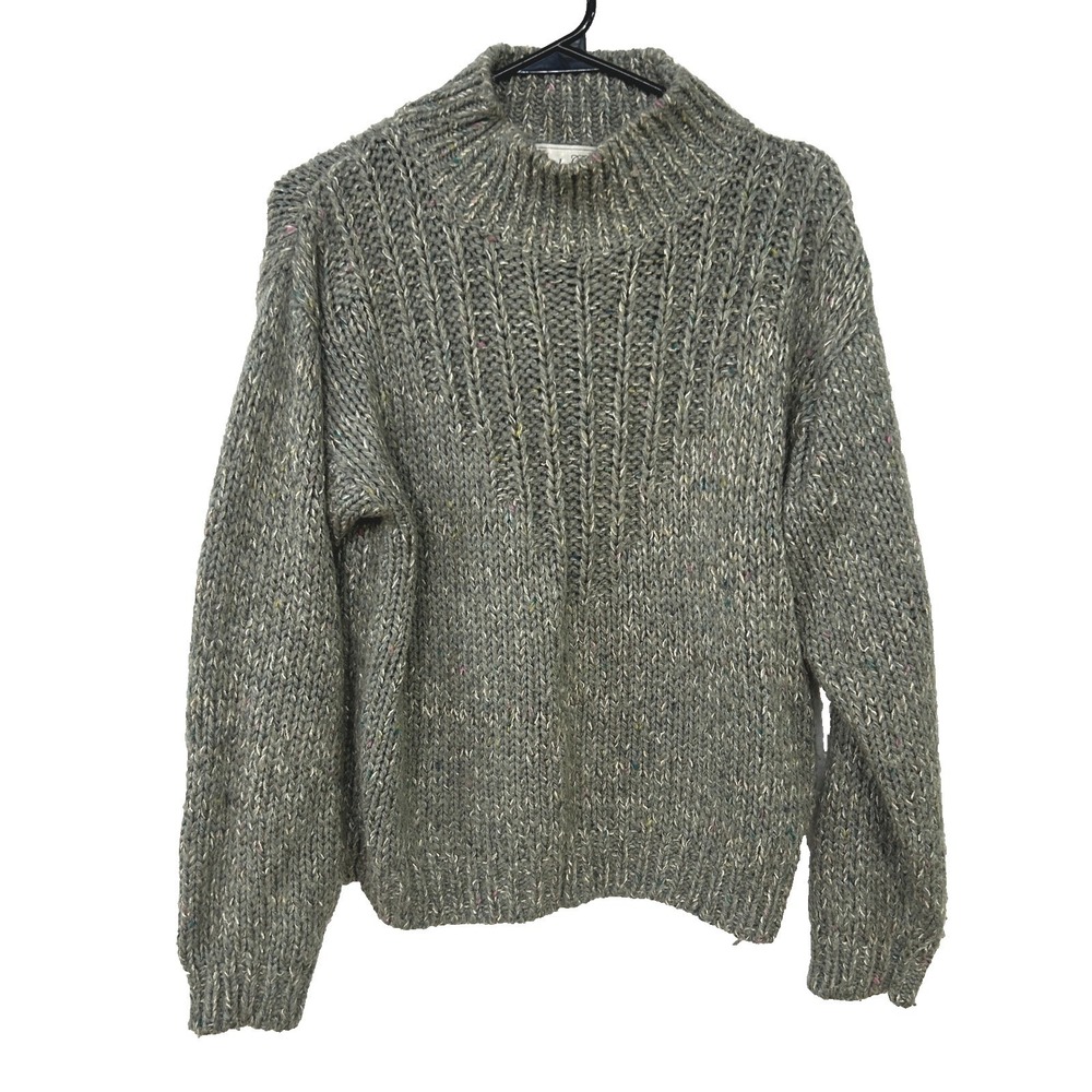 Grandpacore Tweed Knit Mock Neck Sweater S Gray Speckled Chunky Cozy Vintage